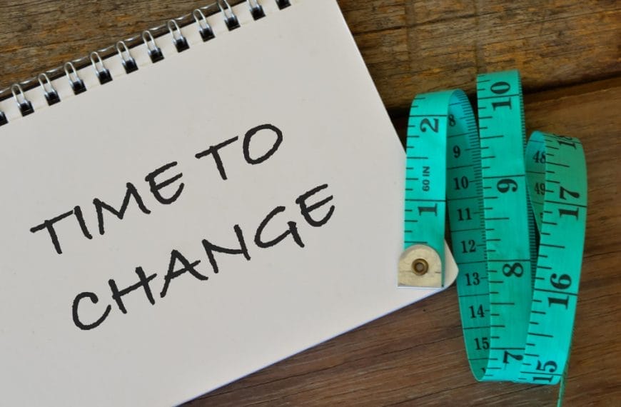 Notebook with "Time to Change" and a measuring tape.